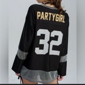 NWT Pretty Damage Rebel Varsity “Party Girl” Black and Silver Jersey Top large